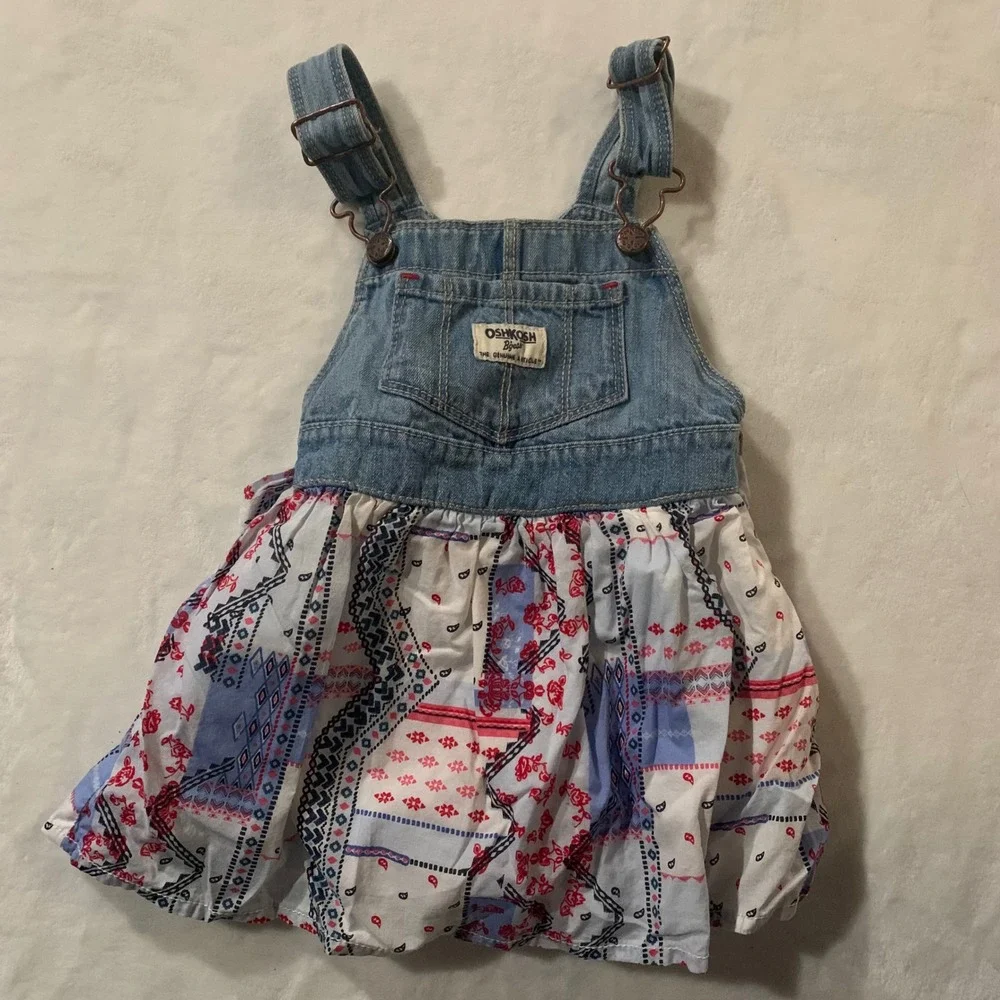 OshKosh B'gosh 18 months Baby Girls Denim Overall Dress Patchwork Blue Red White
